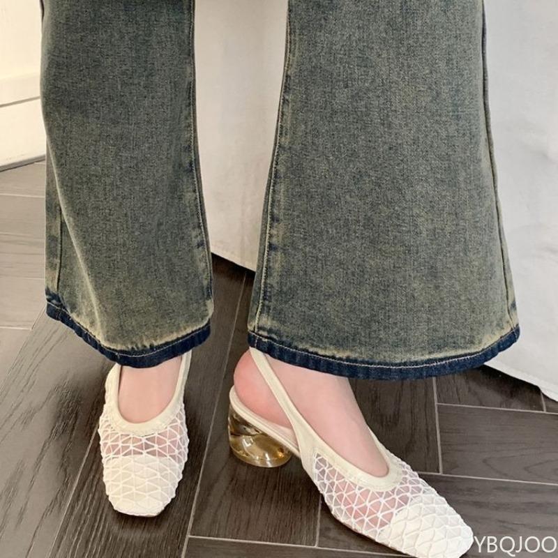 Fashion Mesh Women's Mid Heeled Slippers Fashionable Summer New Style Elegant Empty Temperament Square Toe Woven Toe Cap Sandals