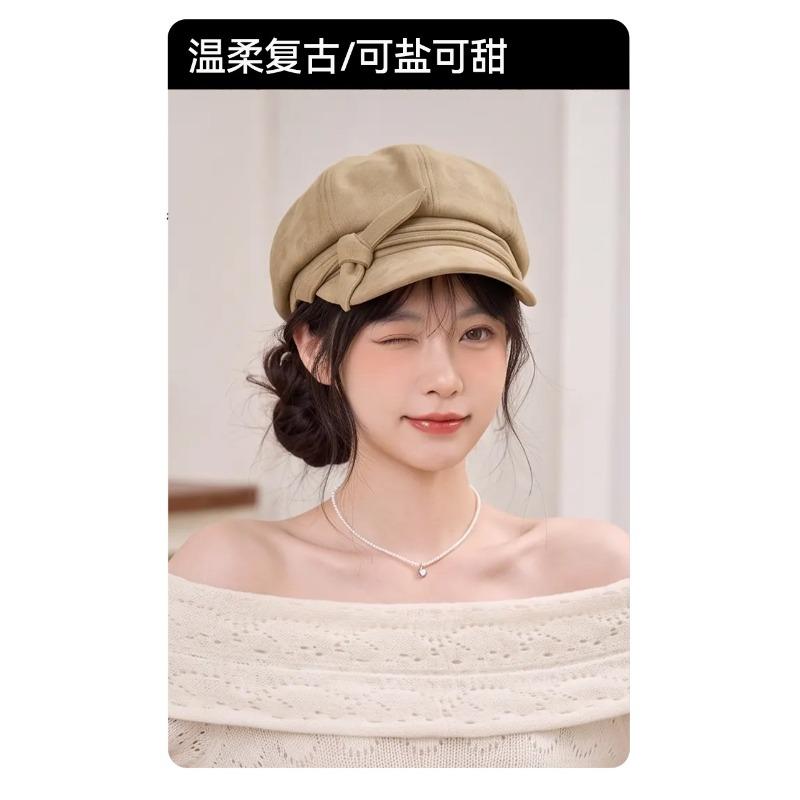 Women S Solid Color Suede Octagonal Hat With Bow For Autumn Winter