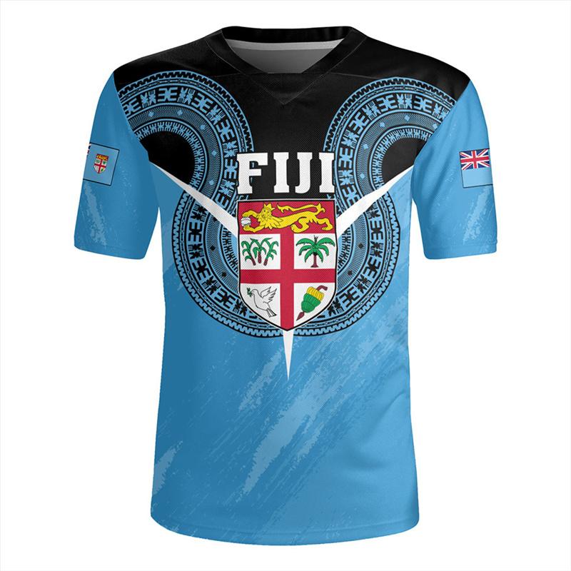 The Republic-of Fiji Flag 3D Printing V Neck T Shirt Fiji Rugby-Jersey Emblem Graphic V neck