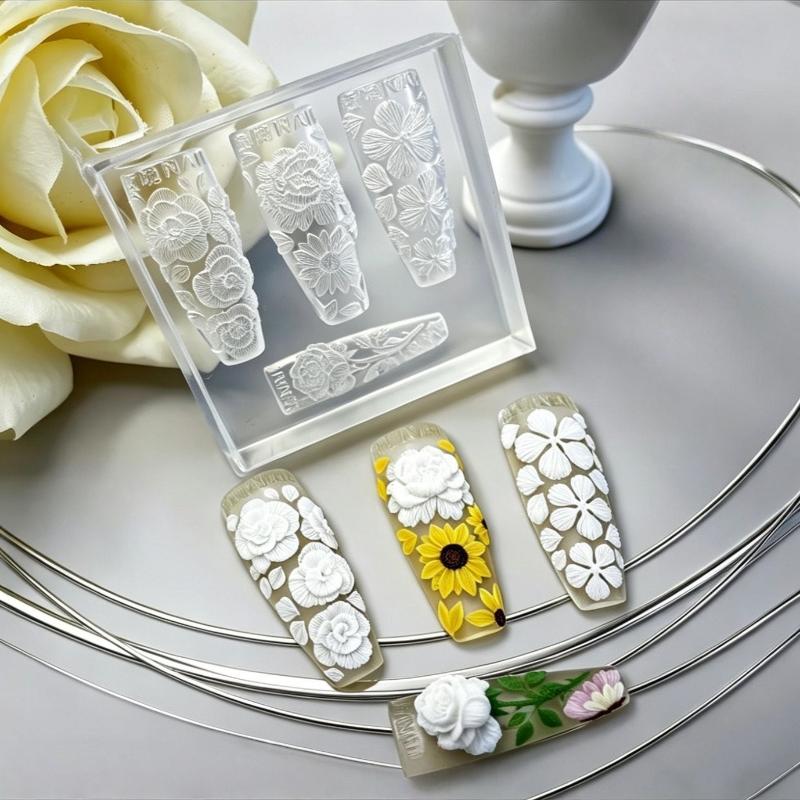 Flower 3D Nail Art Silicone Mold, Reusable Transparent Nail Carving Template Diy Manicure Sculpting Tool For Nail Art Supplies