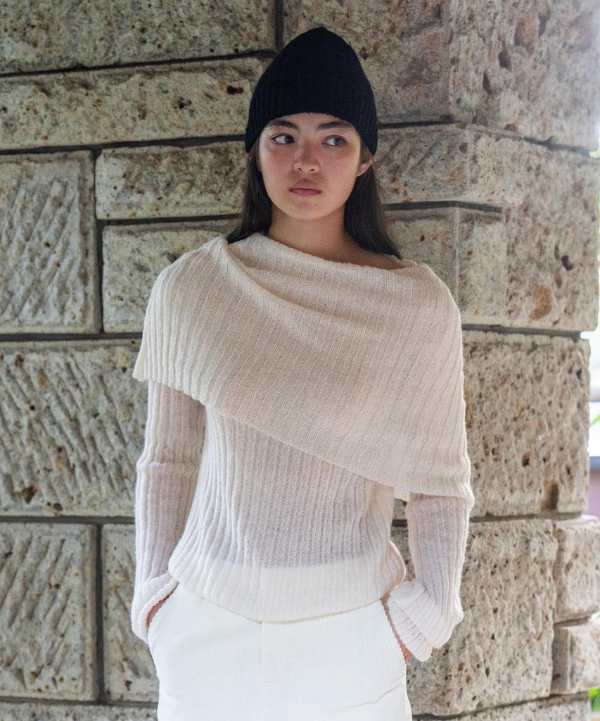 TTUDEMENT Shawl Ribbed Sweater Cream