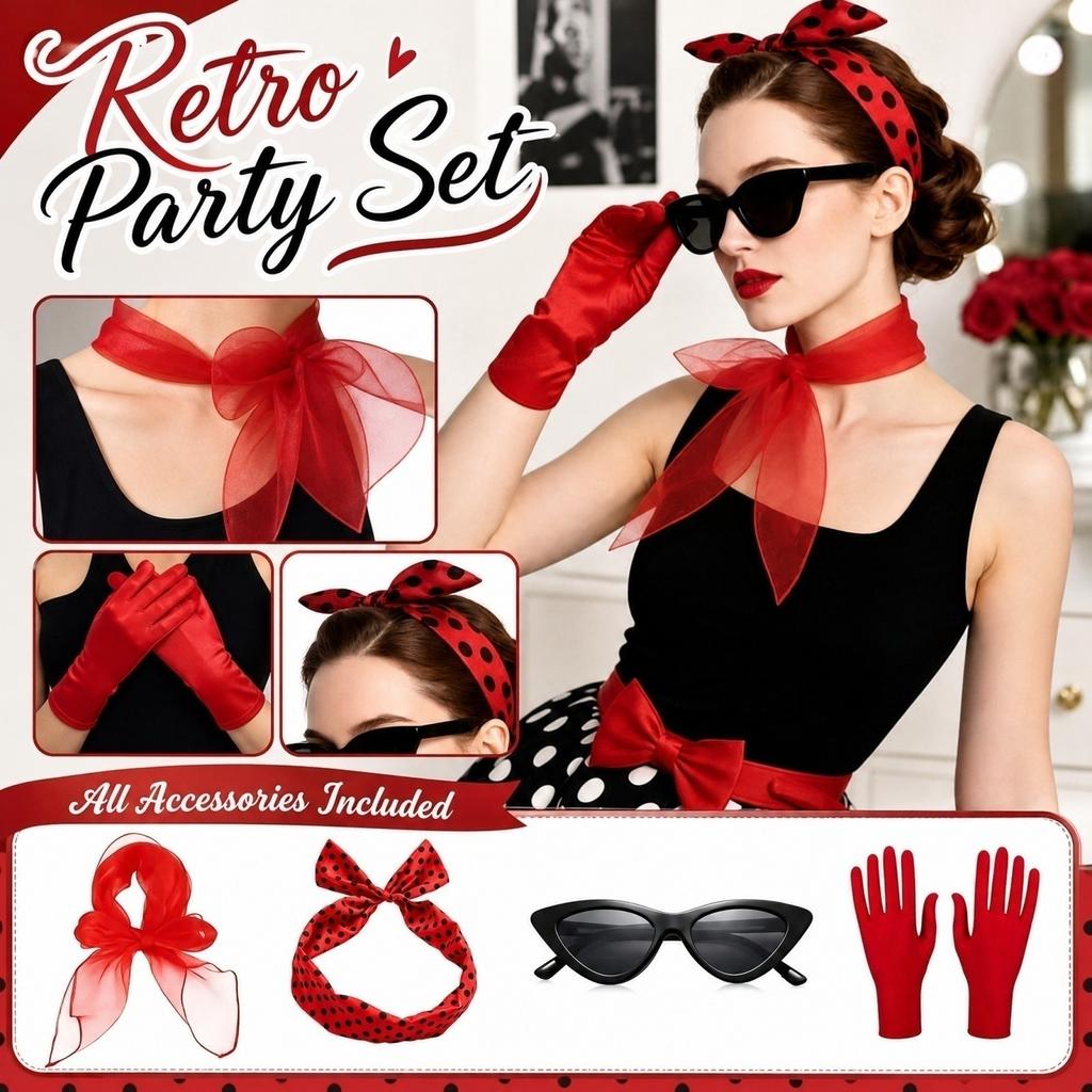 Costume Retro Party Outfit Set with Headband Scarf Glasses Gloves Accessories, 1208