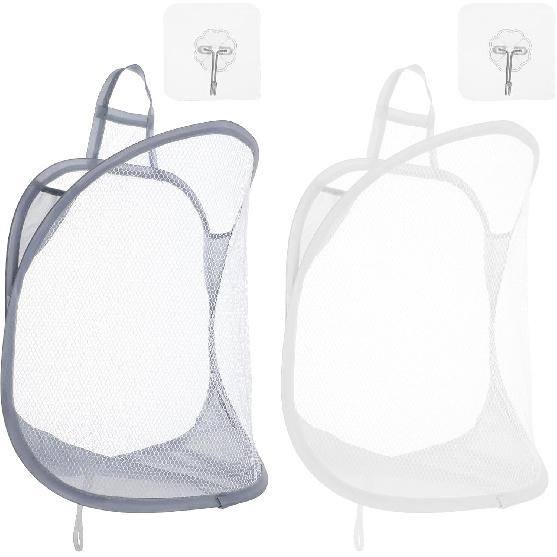 

Ouligay 2Pcs Hanging Laundry Hamper Bag, Mesh Hanging Laundry Basket, Foldable Space-Saving Laundry Organizer, Grey & White, Polyester, Portable,
