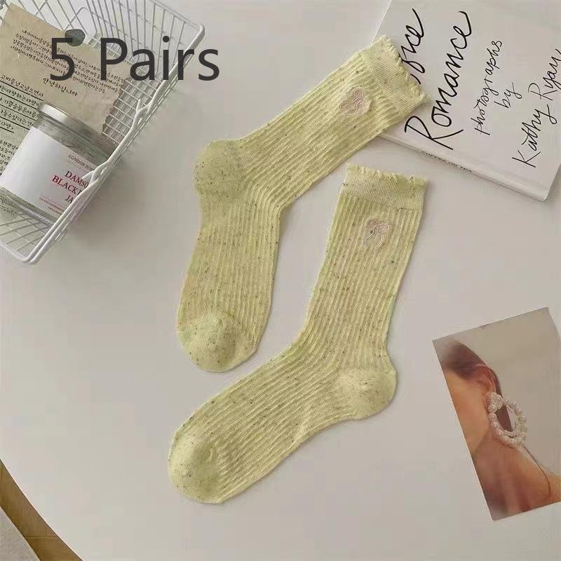 

5 пар женских тонких носков-труб с вышитым бантом на весну и лето 5 Pairs жёлтый