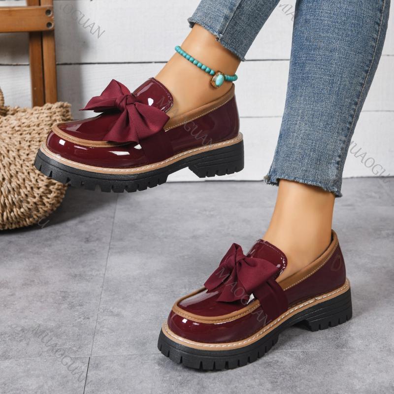 Plus Size 36-43 Shoes for Women FashionThick Bottom Ladies Slip on Bow Leather Loafers Non-slip Work Comfort Flats Sneakers