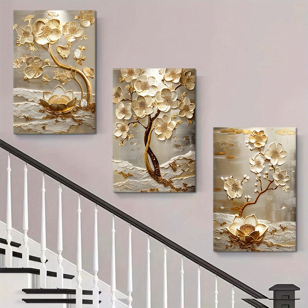 3-piece modern minimalist gold floral relief frameless canvas decoration painting living room foyer bedroom sofa background wall
