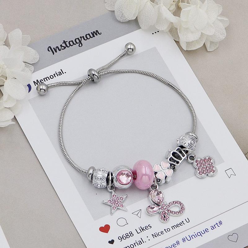 Adjustable Chain Diamond Butterfly Bead Bracelet with Four Leaf Clover Charm Elegant Ladies Fashion Jewelry розовый