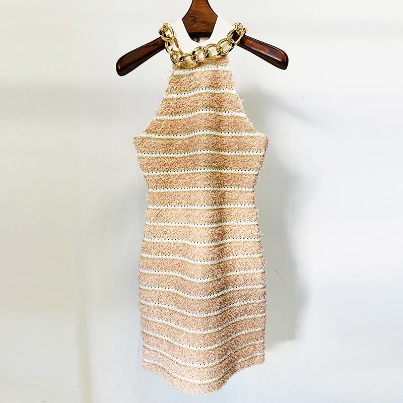 In Stock: 2026 Autumn/Winter Elegant Metal Chain Halter Backless Knit Dress Small розовый