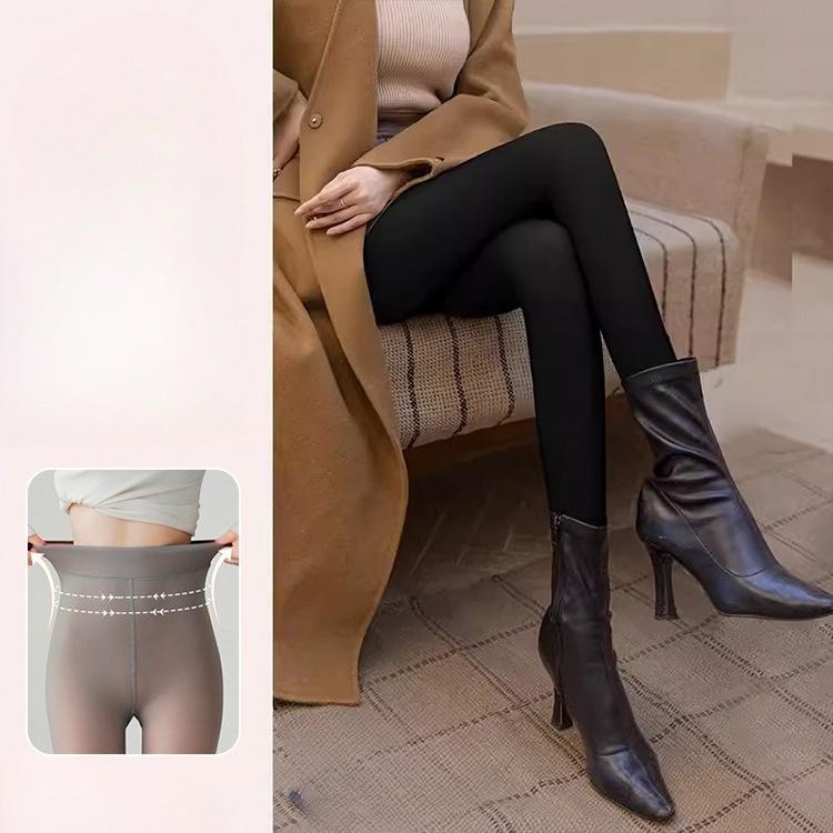 Autumn Winter Women's Fake Sheer Flesh Thickened See-Through Fleece Lined High Waist Black Pantyhose with Letter Print Bare Leg Effect