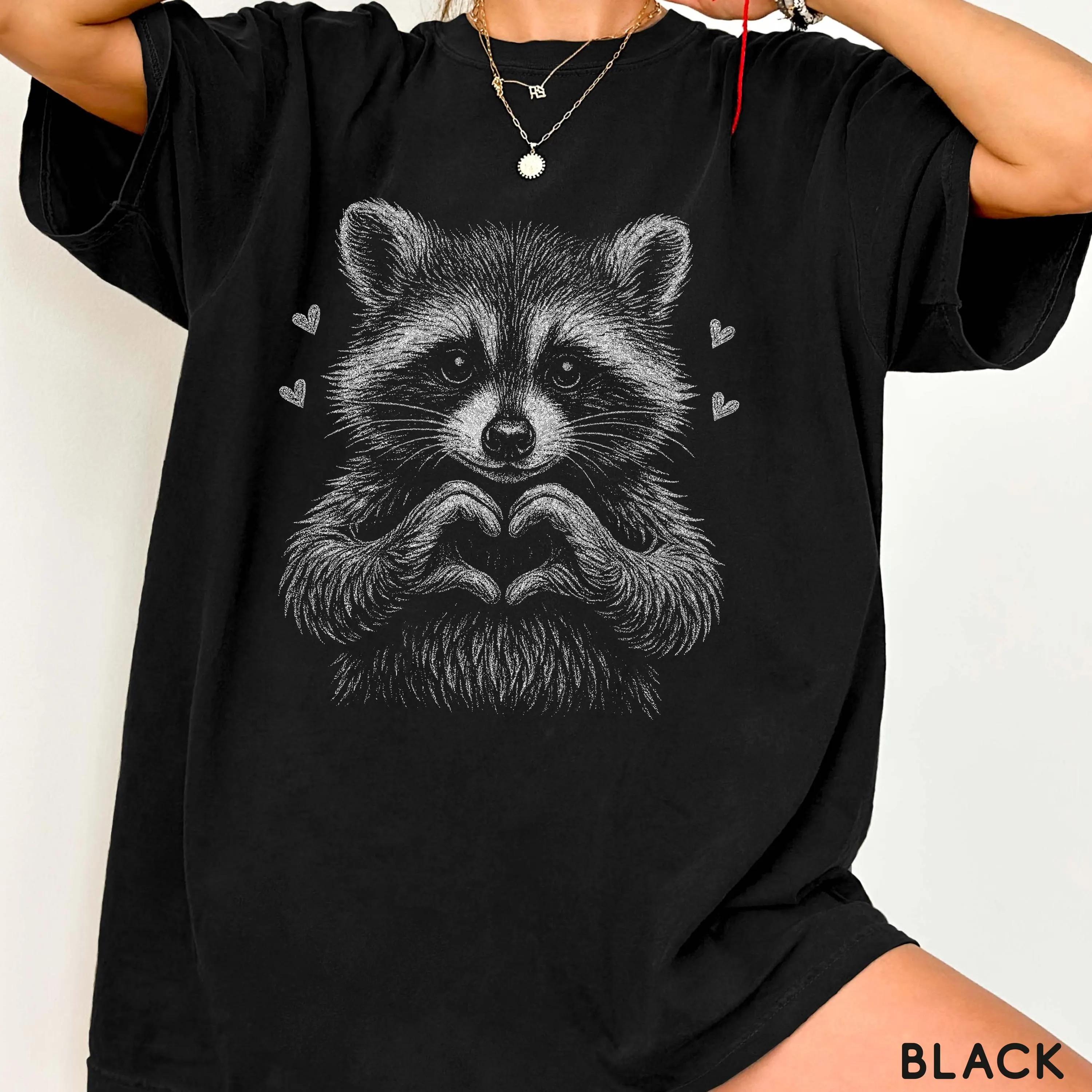 2026 Summer Womens  Cute Raccoon Love Graphic TShirt Unisex Cotton and Breathable Short Sleeve Oversized Loose Casual S