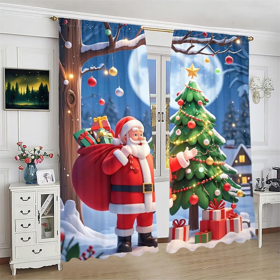 Set Of 2 Christmas Santa Claus Tree Pattern Printed Curtains Decorations Home Room Curtain Polyester Modern