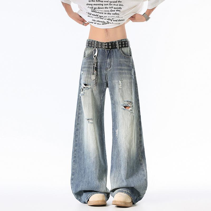 American Retro Scimitar Jeans Summer Ripped Loose Wide-leg Pants Washed Cat Beard Thin Mopping Pants Long Pants