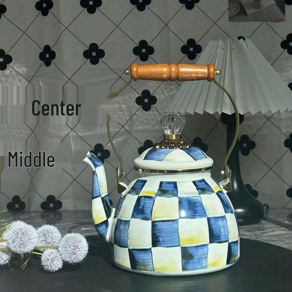 Checkered Black & White Enamel Kettle with Diamond Lid, Wooden Handle, Angled Spout, 2L Capacity - Classic All-Season Teapot