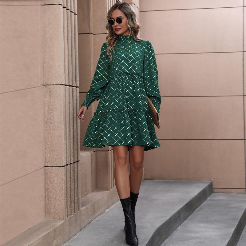 YYFS Women's Fashion Autumn Rhombus Print Long Sleeve Middle Waistline Casual Dresses