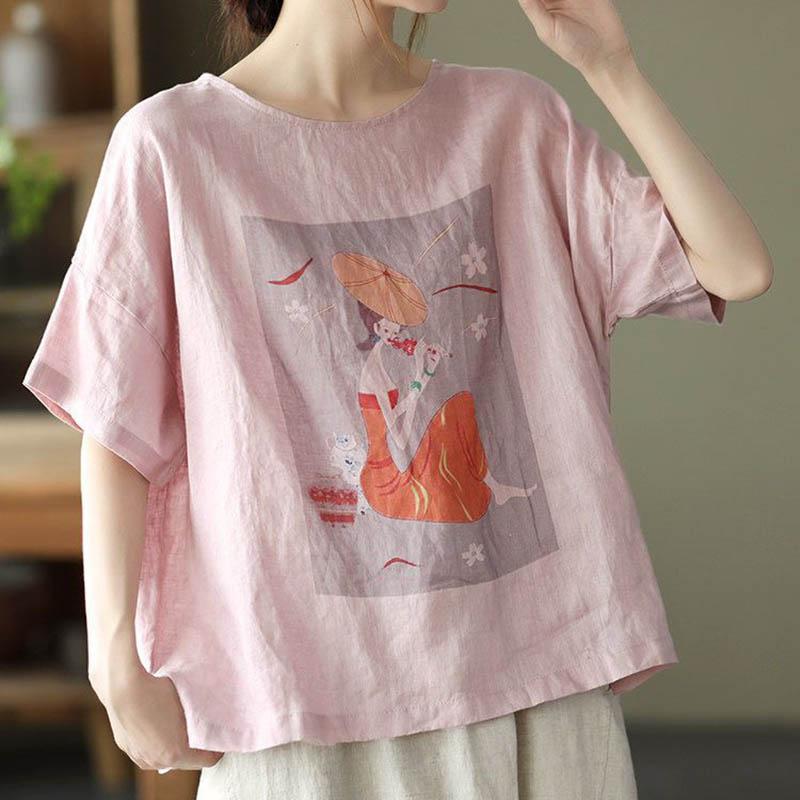 Cotton T-shirt Women Summer Soft Loose Shirt Casual Round Neck Pullover Short-sleeved Top