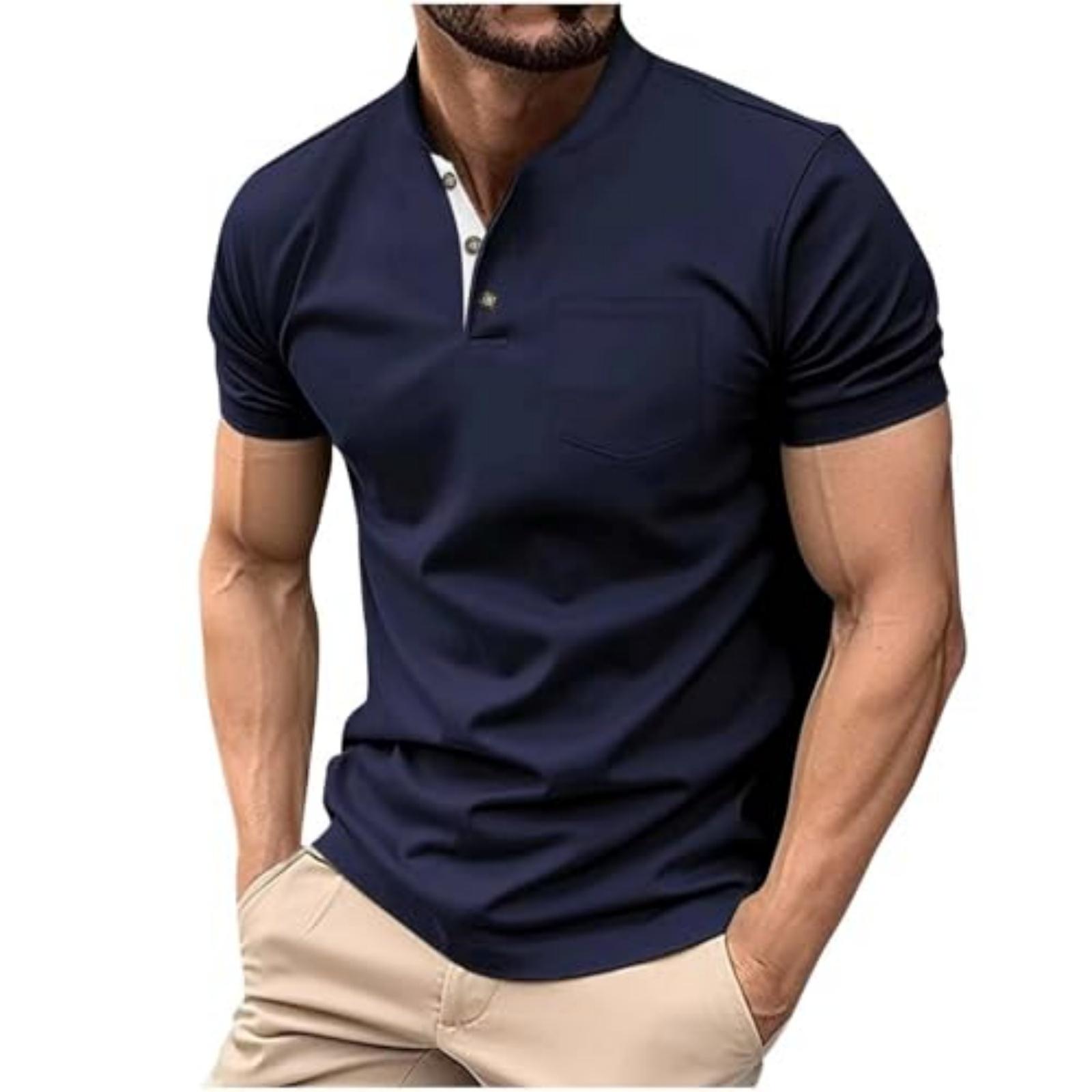 Men s Color Slim Fit Basic Short Sleeve Button Pocket Casual Tshirt Top L тёмно-синий 1490₽