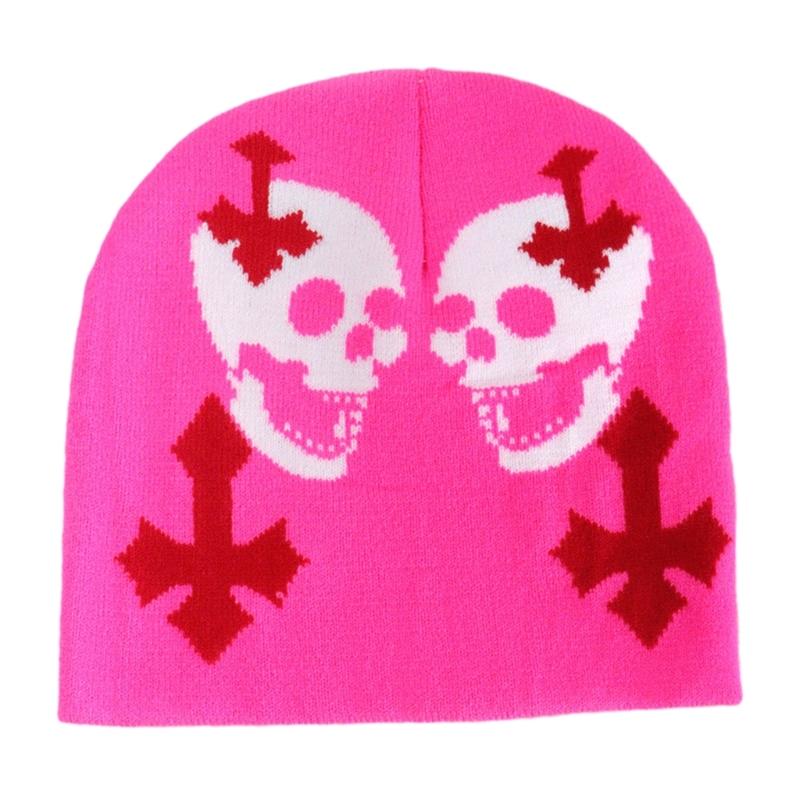 

Knit Double Skull Beanie Hat for Students Adult Windproof Foldable Winter Hat Handmade Halloween Keep Warm Cycling Hat рожевий