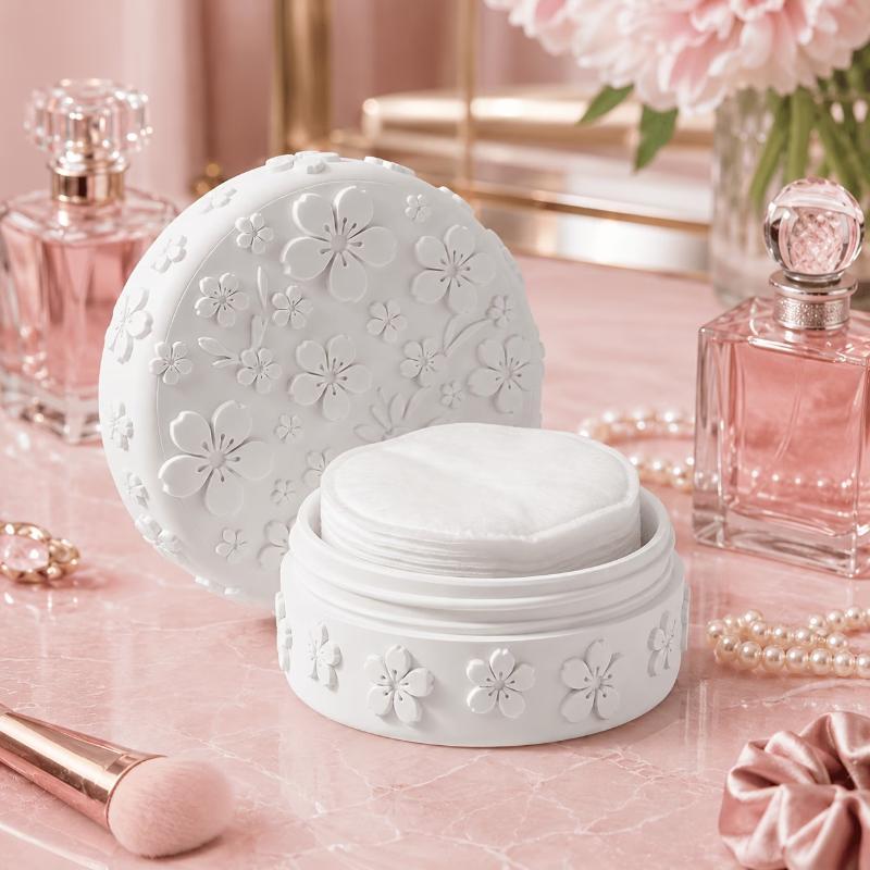 Scatola porta Cotone da Trucco Stampa 3D Fiore di Ciliegio Barattolo Portaoggetti Antipolvere Goffrato con Coperchio per Ragazze Donne Toeletta Organizzatore Bagno