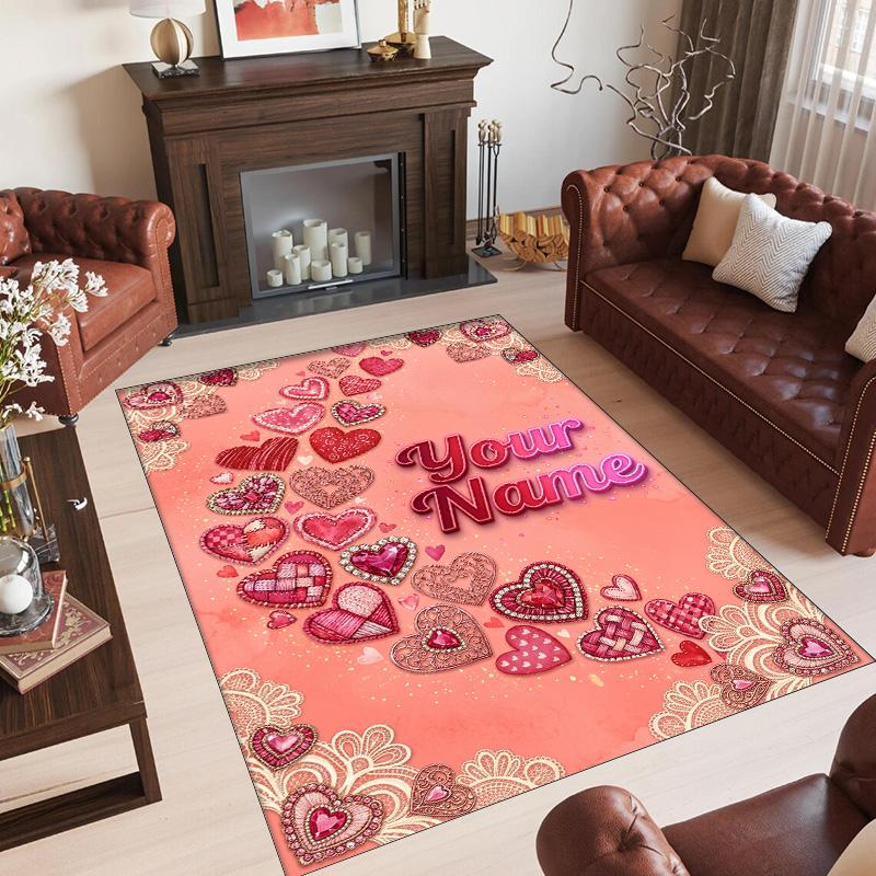 Hearts Theme Crystal Velvet Floor Rug Personalized Custom Name Text Warm Carpet Home Decoration