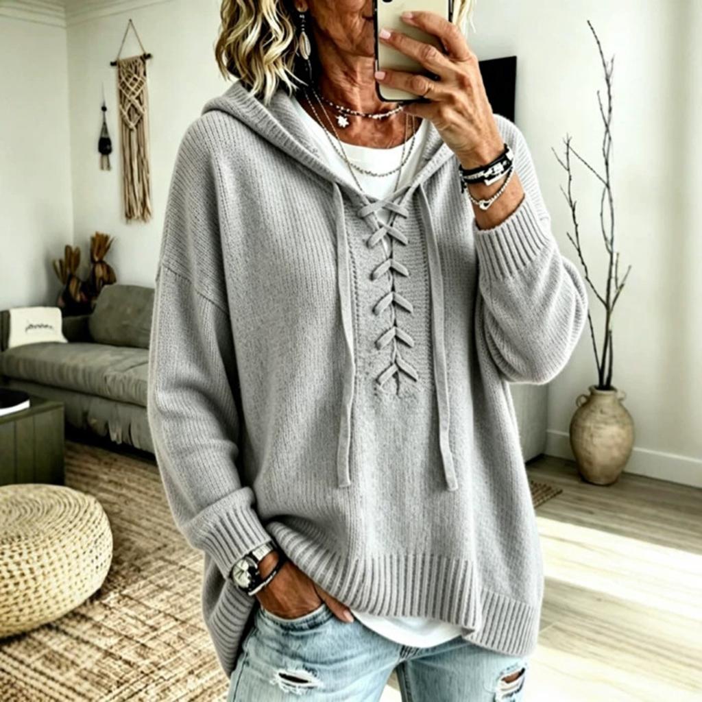 Women's Hooded Sweater with Long Sleeve Loose Fit Color