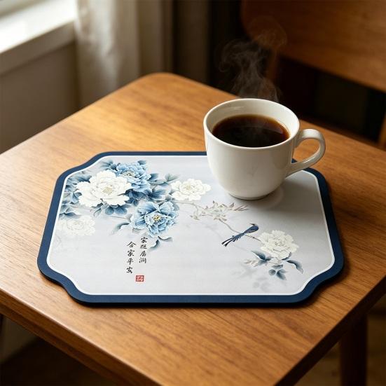 Absorbent Coffee Bar Mat for Espresso Machine, Floral Bird Pattern Non-slip Dish Drying Mat, Diatom Mud Quick Dry Mat for Kitchen Sink Countertop
