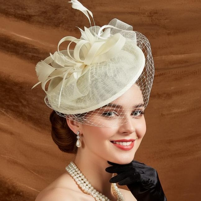 European and American boutique feather flower retro mesh gauze hat bridal headgear fashion hair accessories top hat hemp yarn headgear wholesale