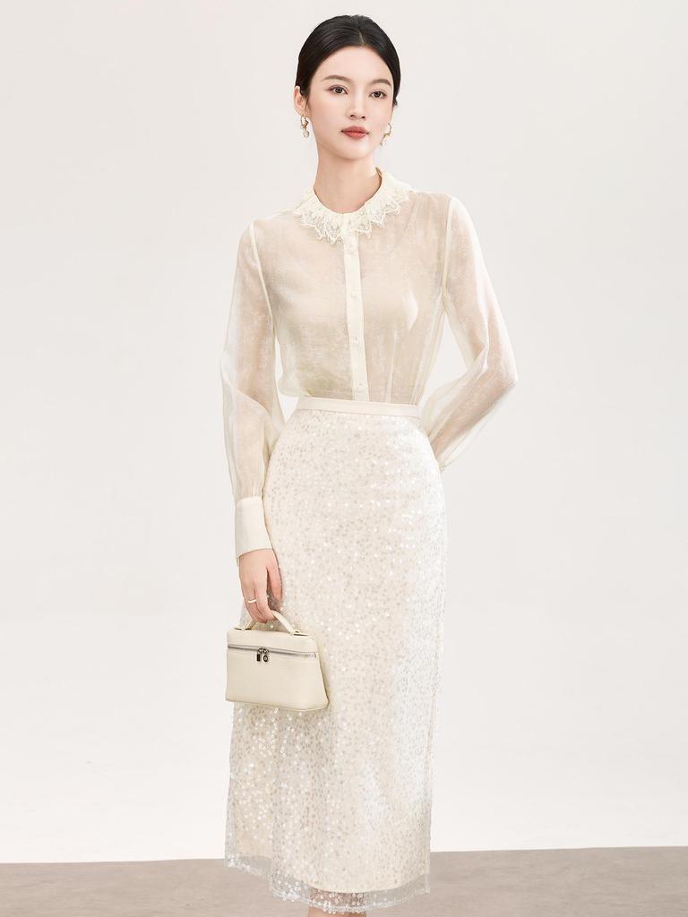 Nanyou High-Quality Lace Trim Mist-Effect Ice Silk Long-Sleeve Women's Shirt