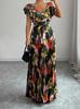Women Vintage Floral Print Pleated Maxi Dress Ruffle V Neck Self Tie Waist Vacation Long Dress