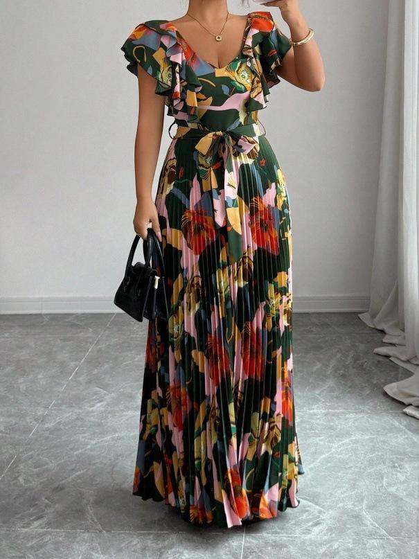 Women Vintage Floral Print Pleated Maxi Dress Ruffle V Neck Self Tie Waist Vacation Long Dress