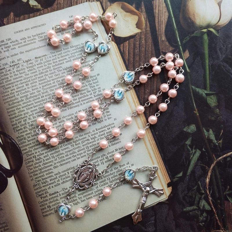 Pink Pearl-Rosary Beads Catholic Necklace Holy Medal-Cross-Christian Long Chain Necklace for Women and Men Jewelry
