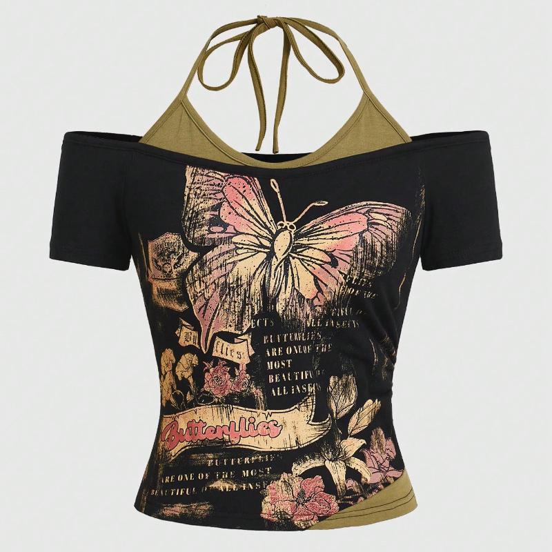 Y2K Summer Tight Butterfly Printed Fake Two Piece T-shirt