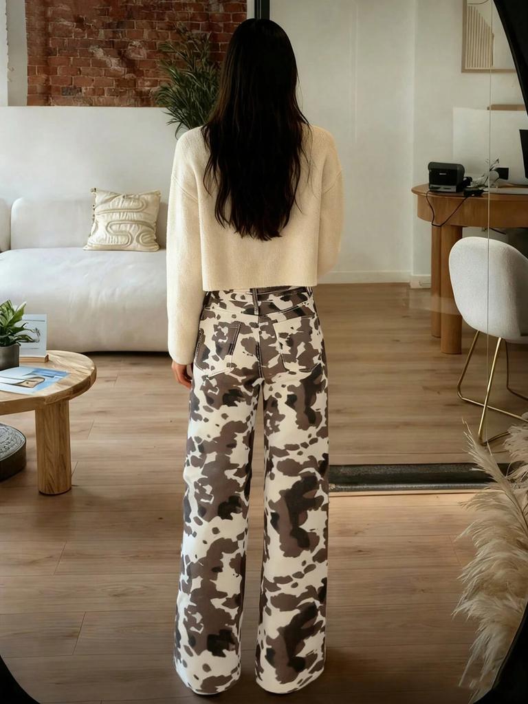 Cow Print Floral Jeans Women's Y2K Streetwear Distressed Straight Leg Loose Long Pants