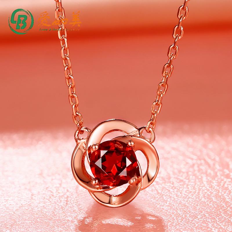Women's Four-Leaf Clover Necklace, 925 Silver with Natural Red Garnet Choker Jewelry