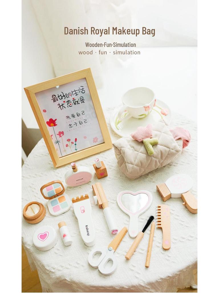 Korean Style Wooden Makeup Play Set: Pretend Eyeshadow, Powder, Lipstick, Perfume, Hair Accessories.
