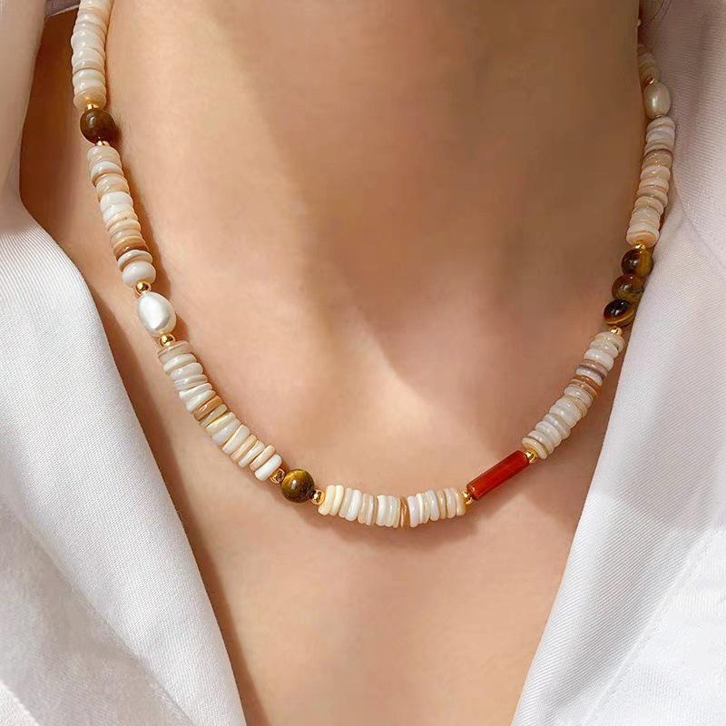 Colorful Pearl & Shell Beaded Necklace with Maillard Tiger Eye - Stylish Niche Choker