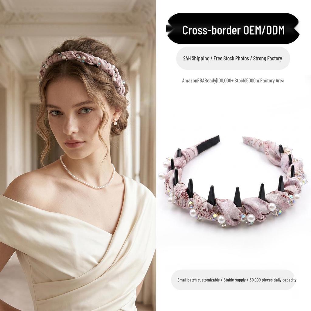 Luxurious Pink Floral Pearl & Rhinestone Pleated Headband - Exquisite Elevated Hair Accessory