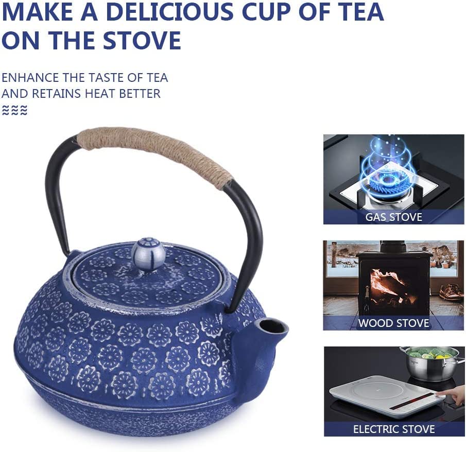 Stylish Iron Teapot, No Enamel, Induction Compatible, for Direct Heat, Blue Cherry Blossom Design, 1000ml