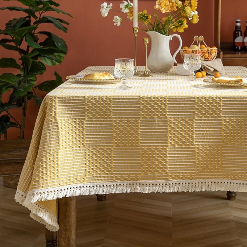 Fringed Table Cover Stains Resistant Polyester Linen Texture Tablecloth Decors For Kitchen Dining Room Decorations