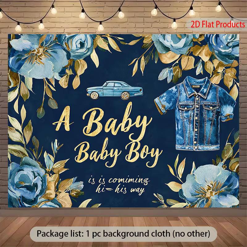 2D Watercolor Blue Rose Baby Shower Backdrop Modern Boy Celebration Photo Background