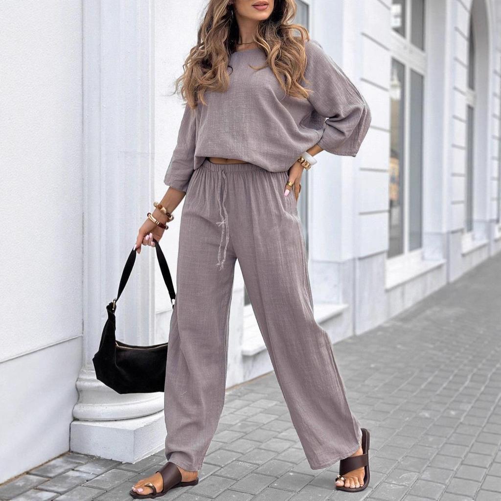 2025 Cross-Border Women's Solid Color Round Neck Linen-Cotton Top & Casual Lace-Up Loose Pants Set