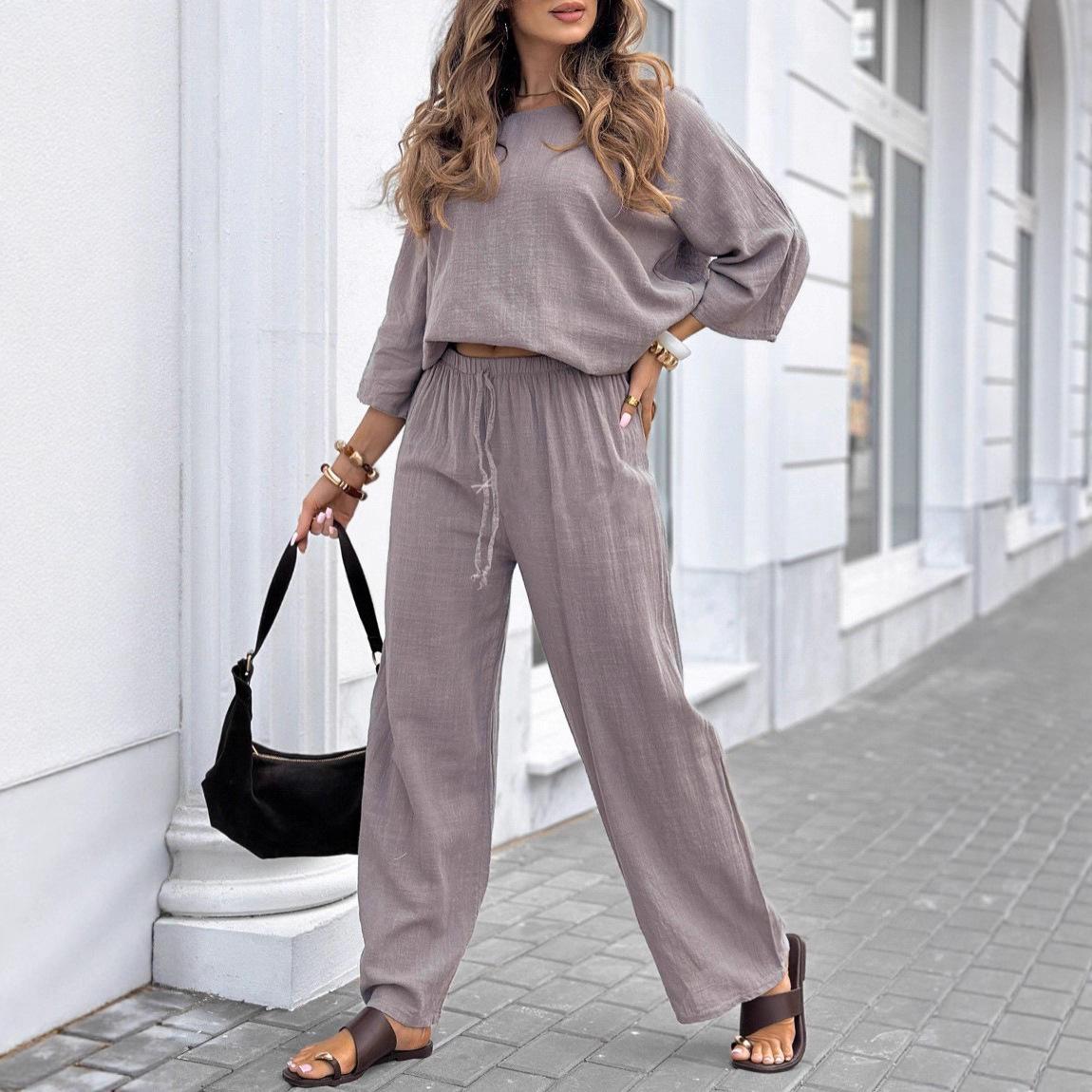2025 Cross-Border Women s Solid Color Round Neck Linen-Cotton Top & Casual Lace-Up Loose Pants Set M темно-красного