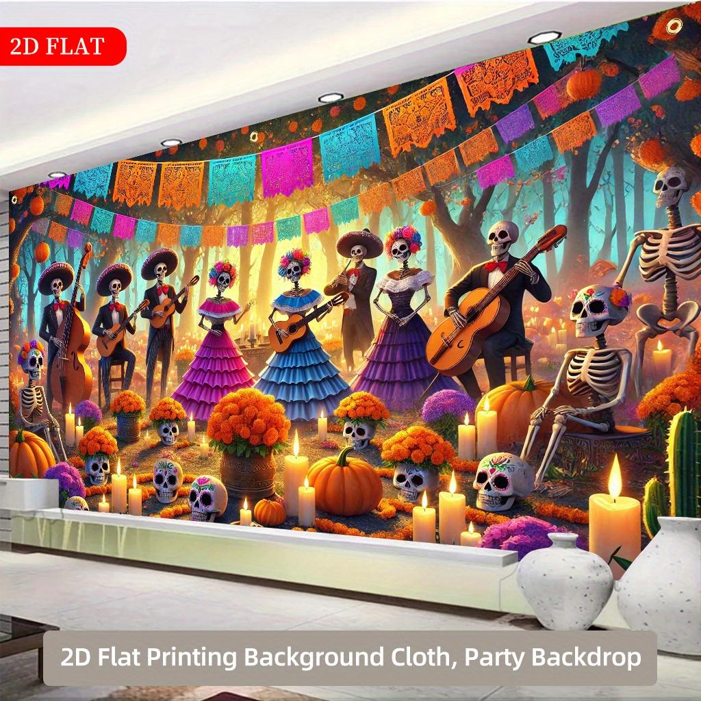 Large-sized 27.95x61.81-inch Mexican Day of the Dead background fabric - 2D printed polyester fabric, with skullszyc