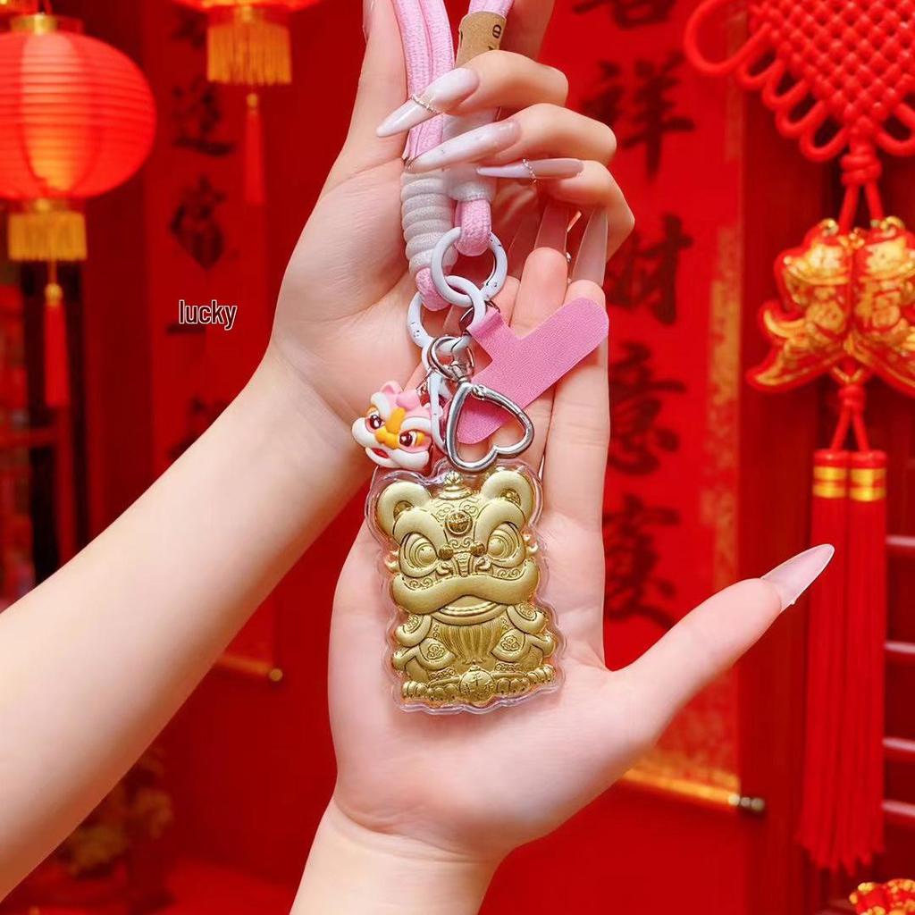 999 Pure Gold Lion Bag Pendant & Keychain with Bow Phone Chain