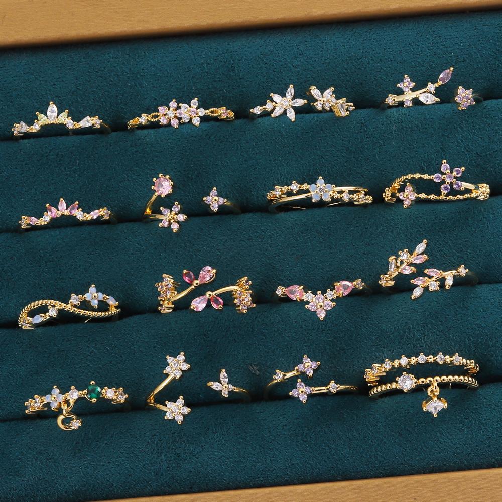 New Cute Colorful Zircon Flower Ring For Women Girl Fashion Vintage Zircon Adjustable Rings Jewelry Gift