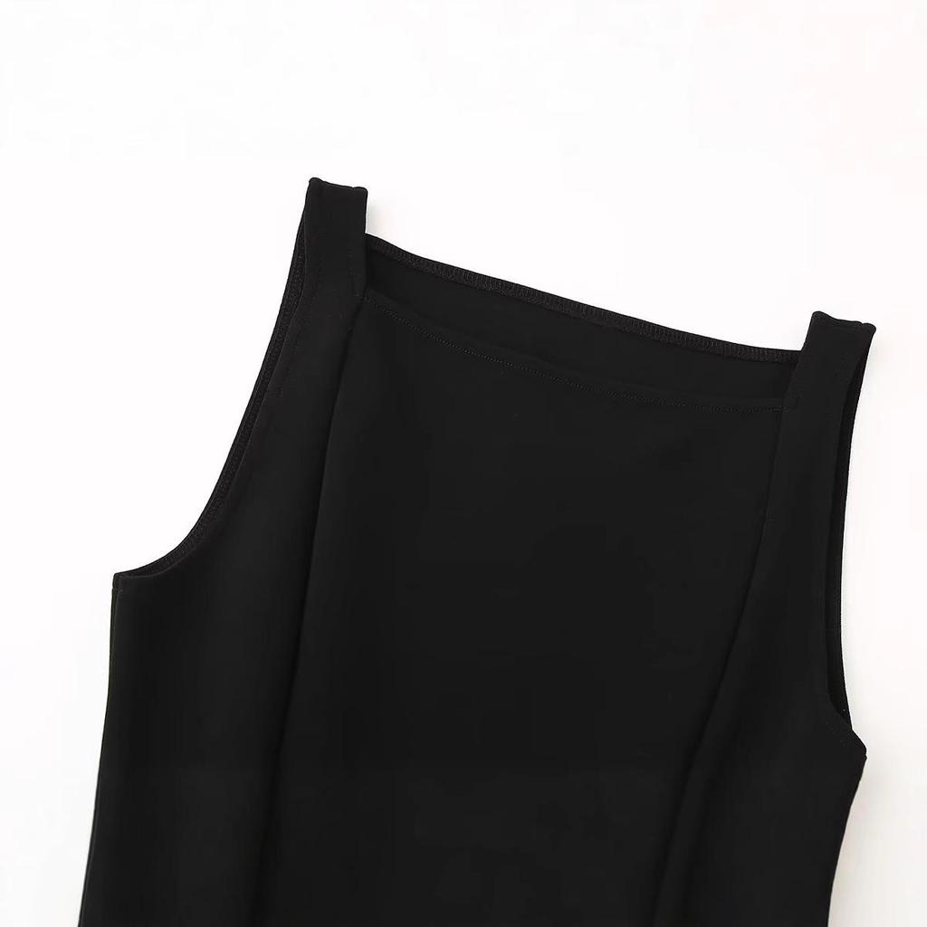 2025 Spring Women's European & American Style Pleated Boat Neck Slim Sleeveless Dress