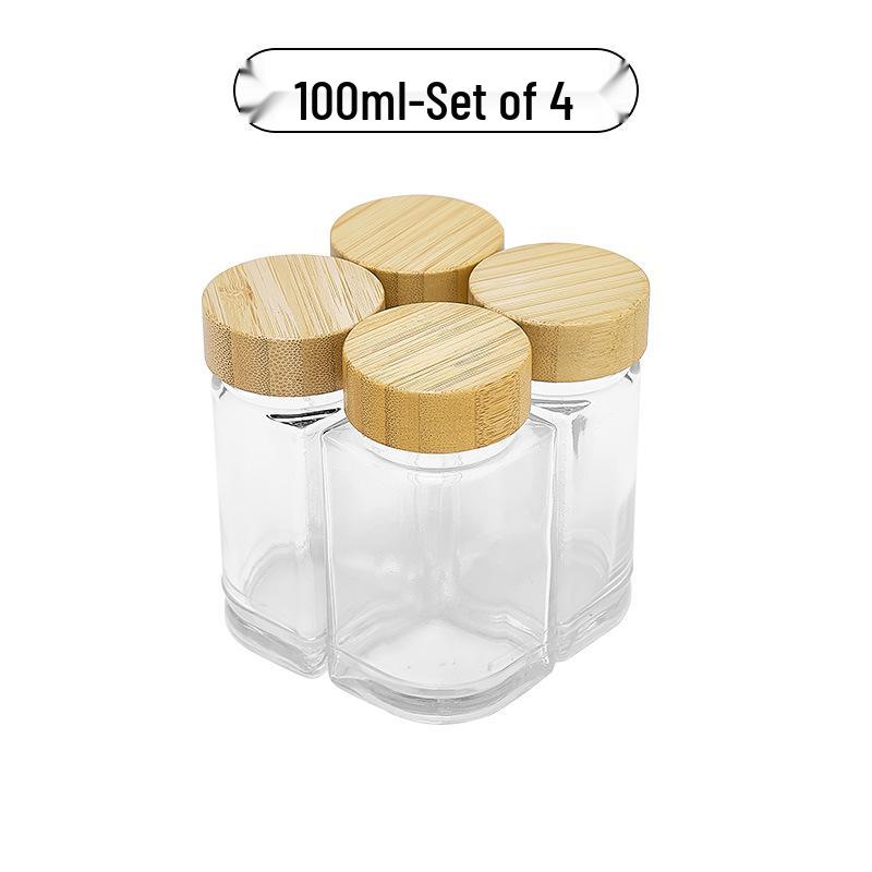 Acacia Wood Glass Seasoning Bottle Set - Pepper, Salt, Spices - 4-Piece Square Sprinkler Jars