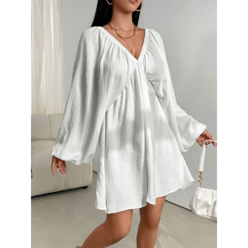 Elegant Fashion Deep V-neck Long Sleeved Women Dress Spring Summer Simple Casual Loose Sexy Solid Color A-line Party Dress Female Office Ladies