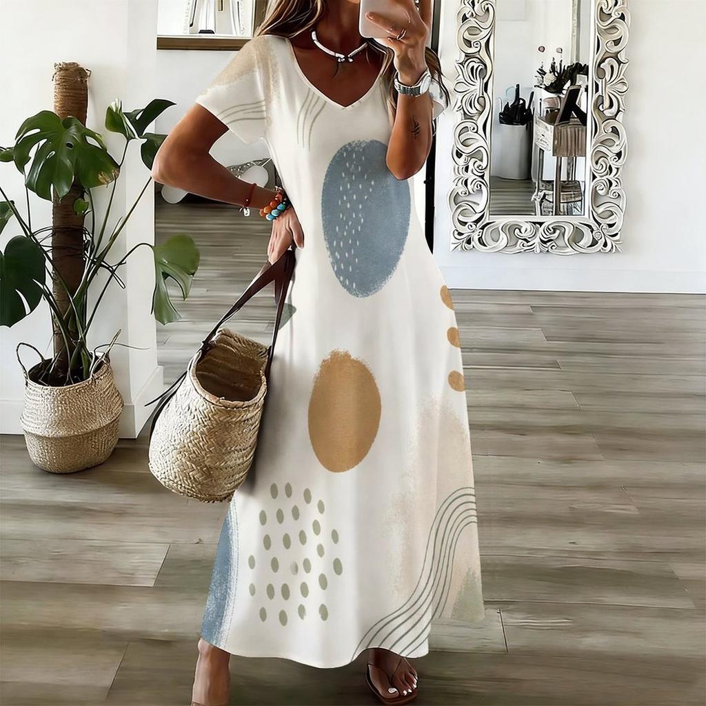 Women Plus Size V Neck Short Sleeve Abstract Floral Printed Long Dress