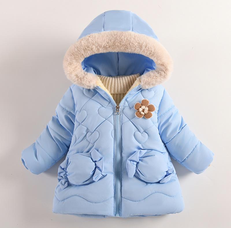 2005 Girls  Hooded Cotton Coat with Faux Fur Collar - Plush Lined Winter Jacket for Kids