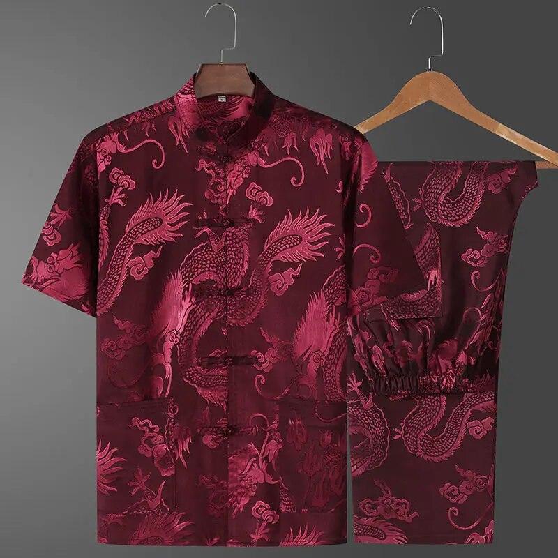 Chinesischer Stehkragen Tang-Anzug Männer Kurzarm Vintage Hanfu Kleidung Handknopf Cheongsam Casual Dragon Kong Fu Kleidung